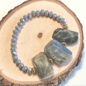 Grey Labradorite stone and crystal beaded stretch bracelet
